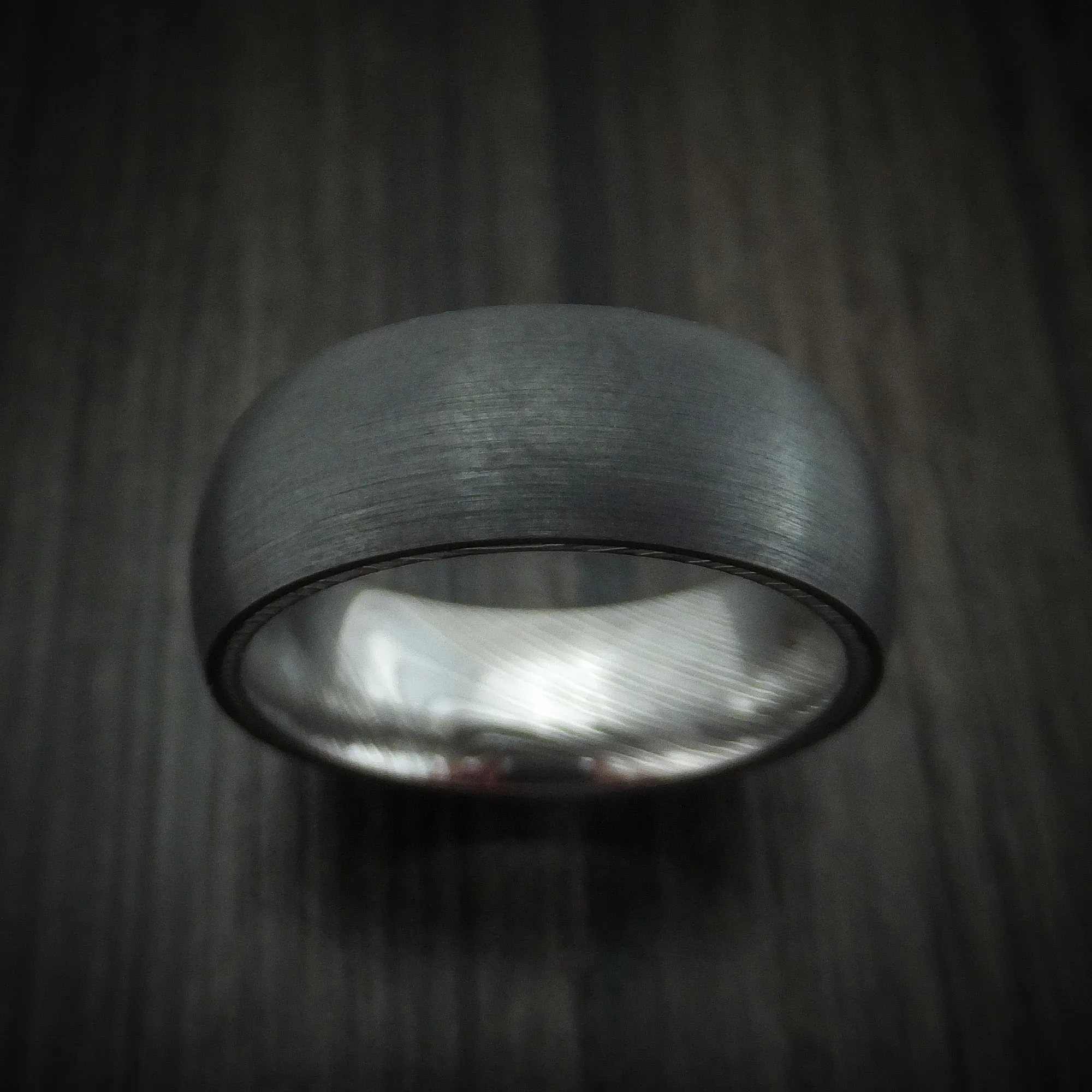 Black Titanium Men's Ring with Damascus Steel Sleeve