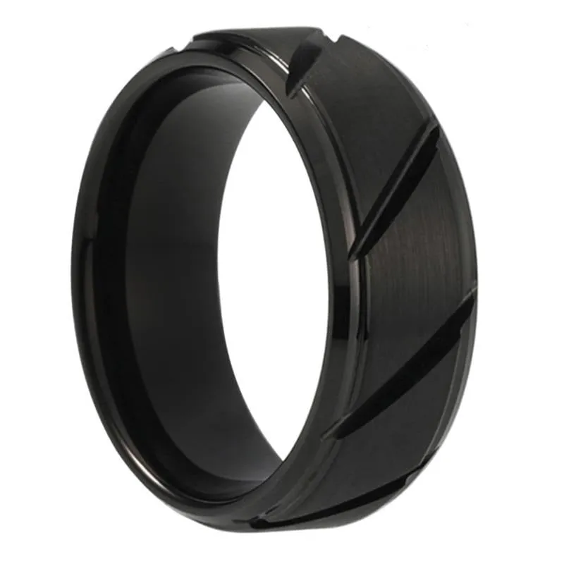 Black Tungsten & Beveled Grooves Ring (8mm)