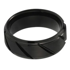 Black Tungsten & Beveled Grooves Ring (8mm)