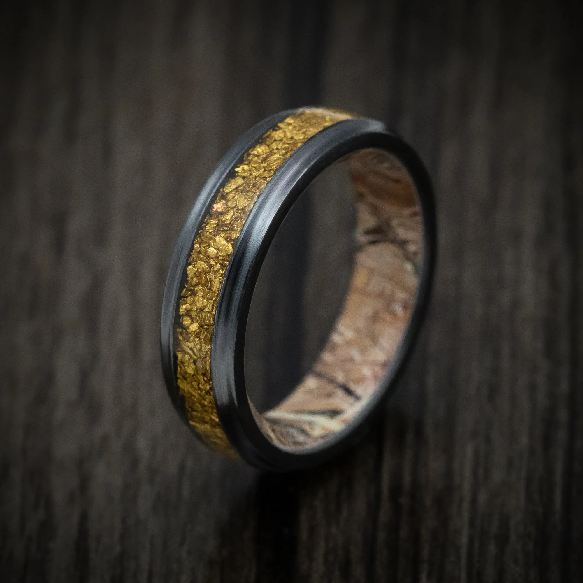 Black Zirconium and 24K Raw Gold Nugget Men's Ring with Camo Sleeve Custom Made Band