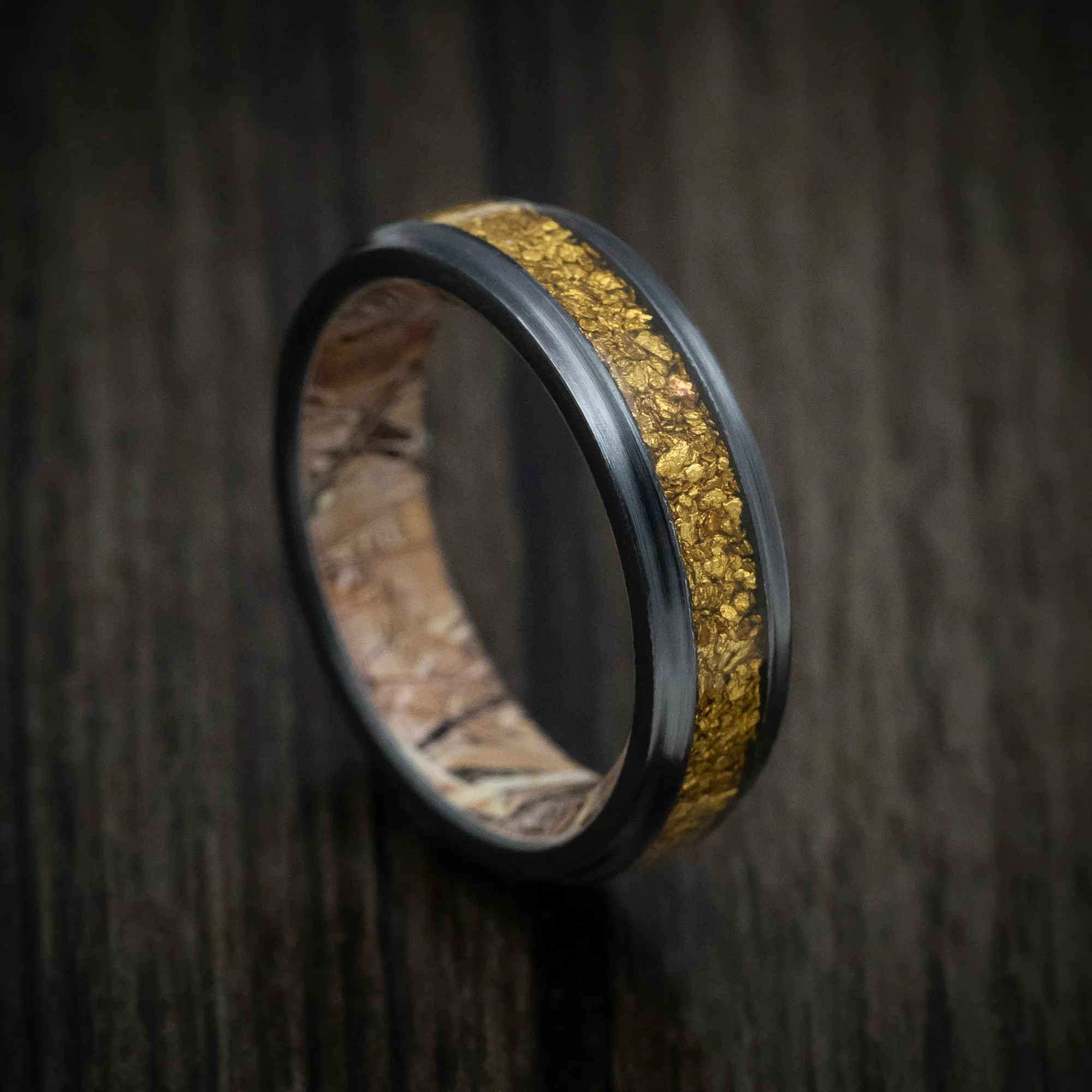 Black Zirconium and 24K Raw Gold Nugget Men's Ring with Camo Sleeve Custom Made Band