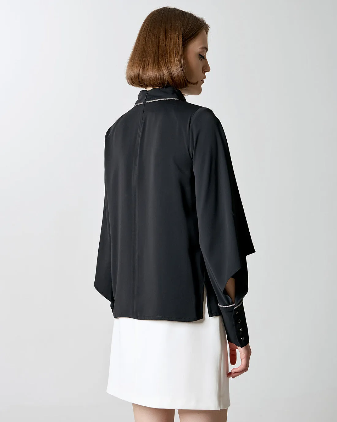 Blouse with rhinestones and sleeve openings - Black