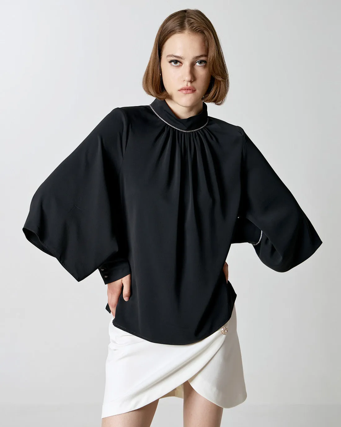 Blouse with rhinestones and sleeve openings - Black