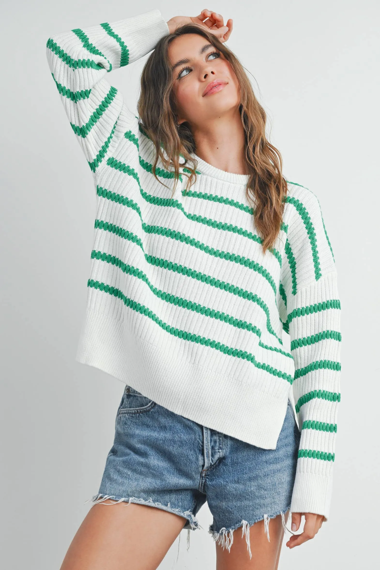 BOAT NECK STRIPED KNIT SWEATER