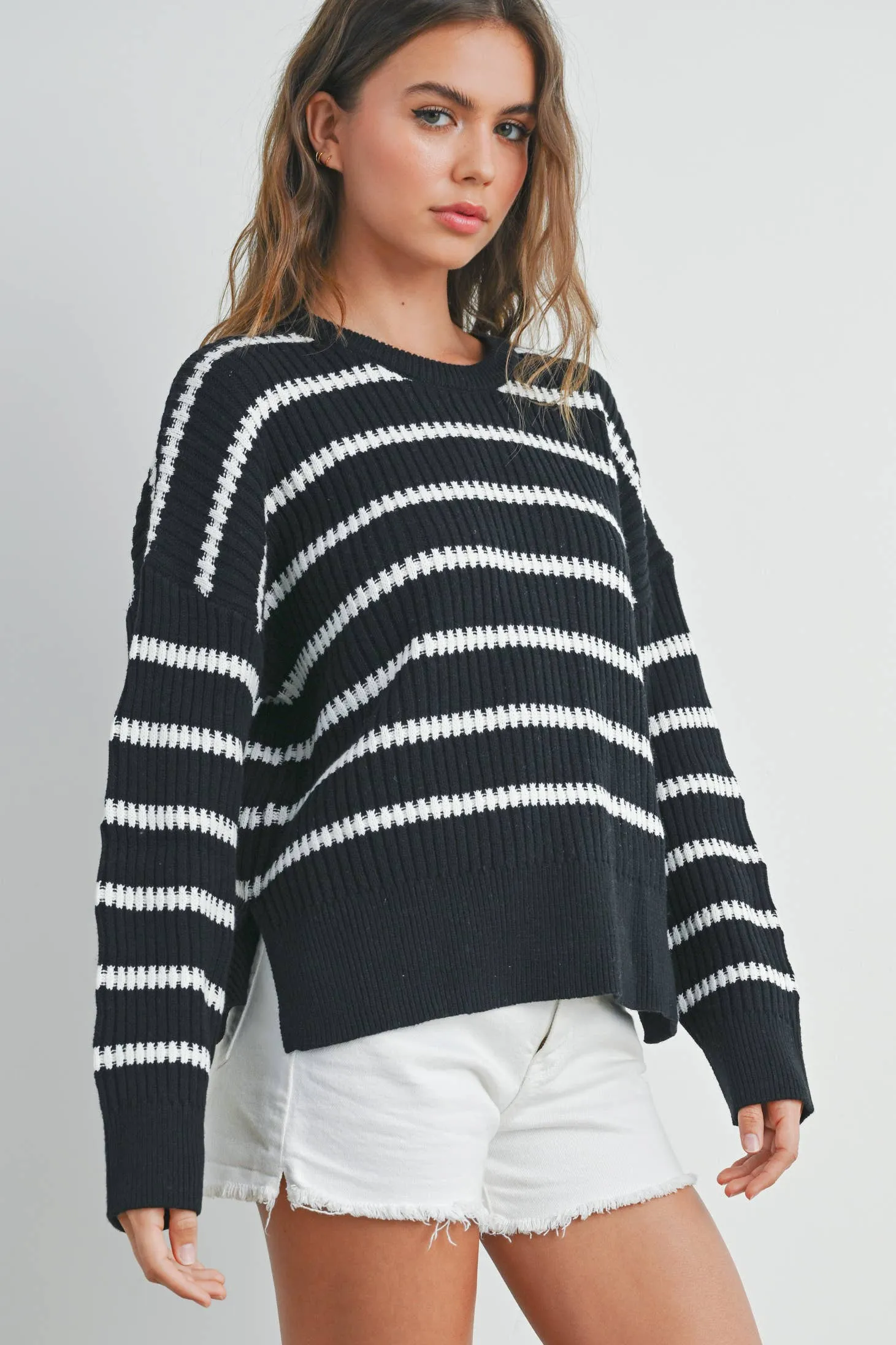 BOAT NECK STRIPED KNIT SWEATER