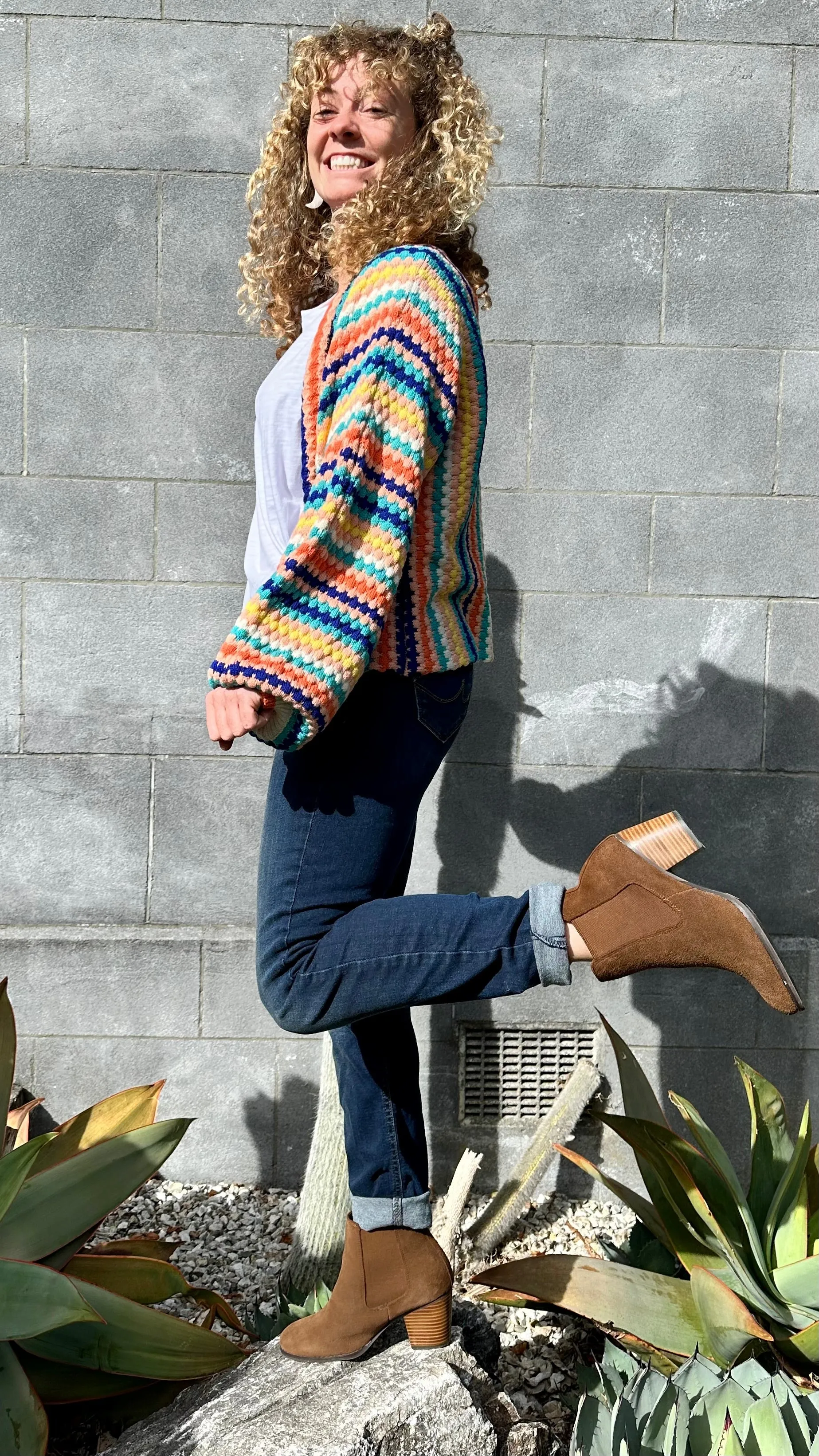 Boho Crochet Knit Cardigan Multi Stripe