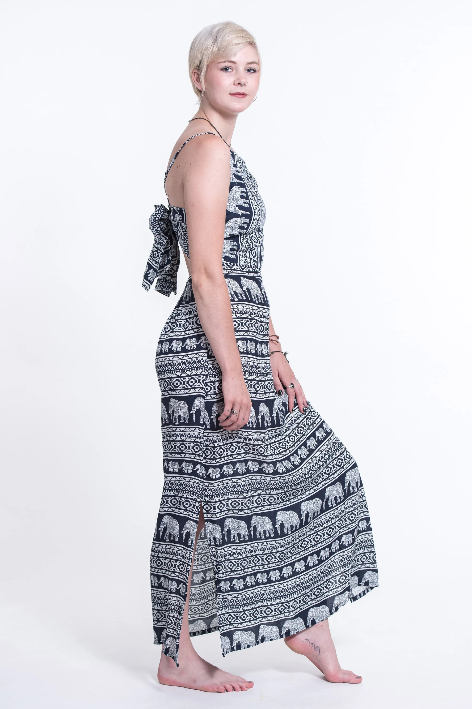 Boho Elephant Tie Back Maxi Dress in Navy