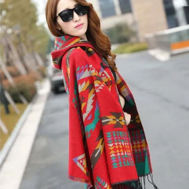 BOHO Ethnic Fashion Large Shawl Bright Color Female Warm Hooded horns Button cloak  imitation cashmere shawls Winter Scarves