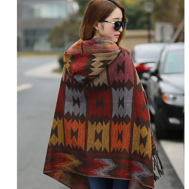 BOHO Ethnic Fashion Large Shawl Bright Color Female Warm Hooded horns Button cloak  imitation cashmere shawls Winter Scarves