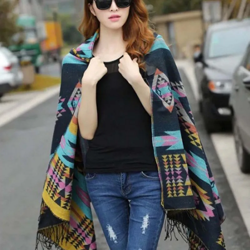 BOHO Ethnic Fashion Large Shawl Bright Color Female Warm Hooded horns Button cloak  imitation cashmere shawls Winter Scarves