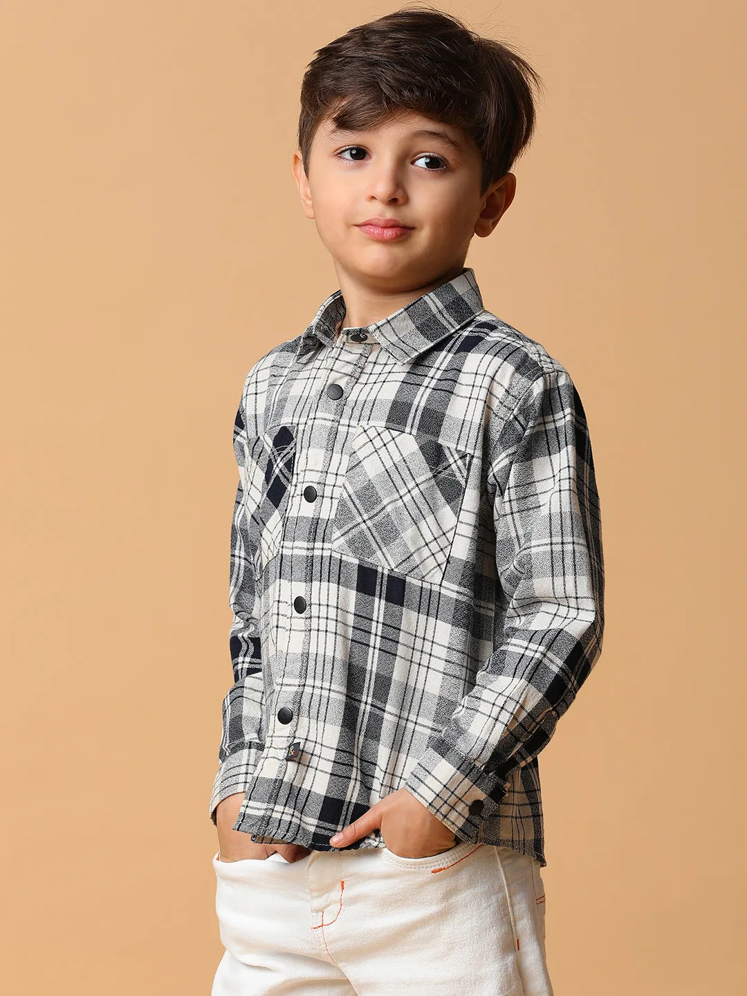 Boys Black & Cream Checkered Shacket