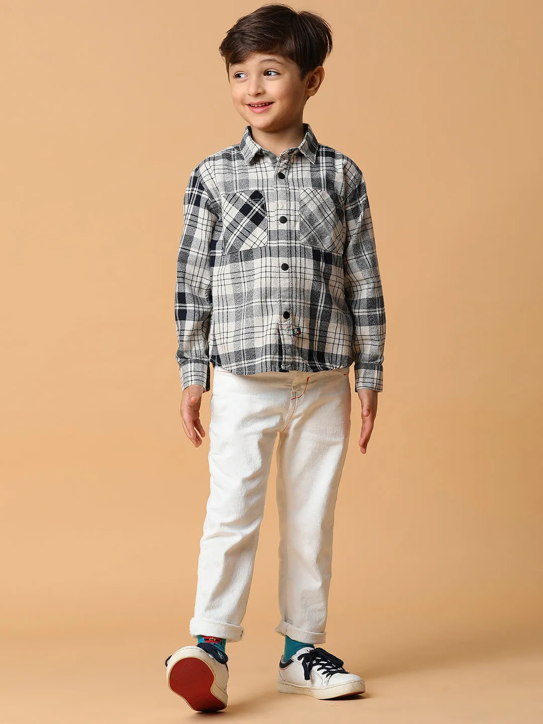 Boys Black & Cream Checkered Shacket