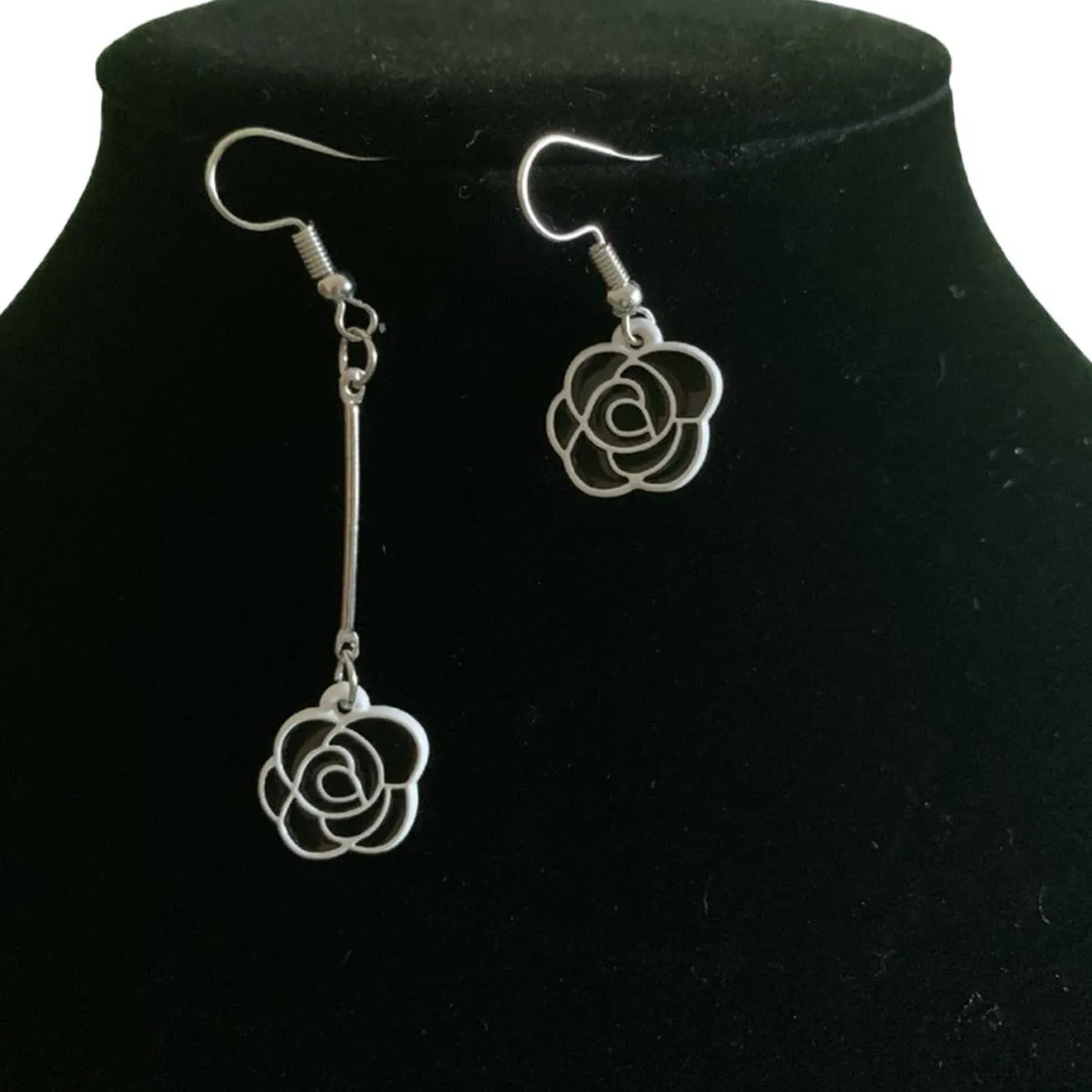 Camellia Flower NEW Black And White Hook Earrings