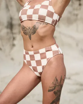 Checkerboard High Waisted Bikini Brief - Off White / Brown