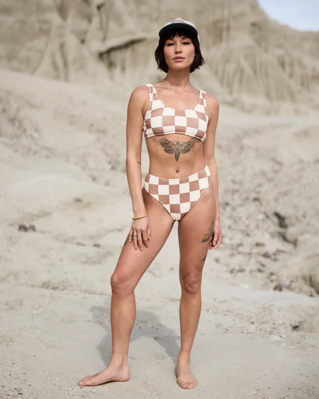 Checkerboard High Waisted Bikini Brief - Off White / Brown