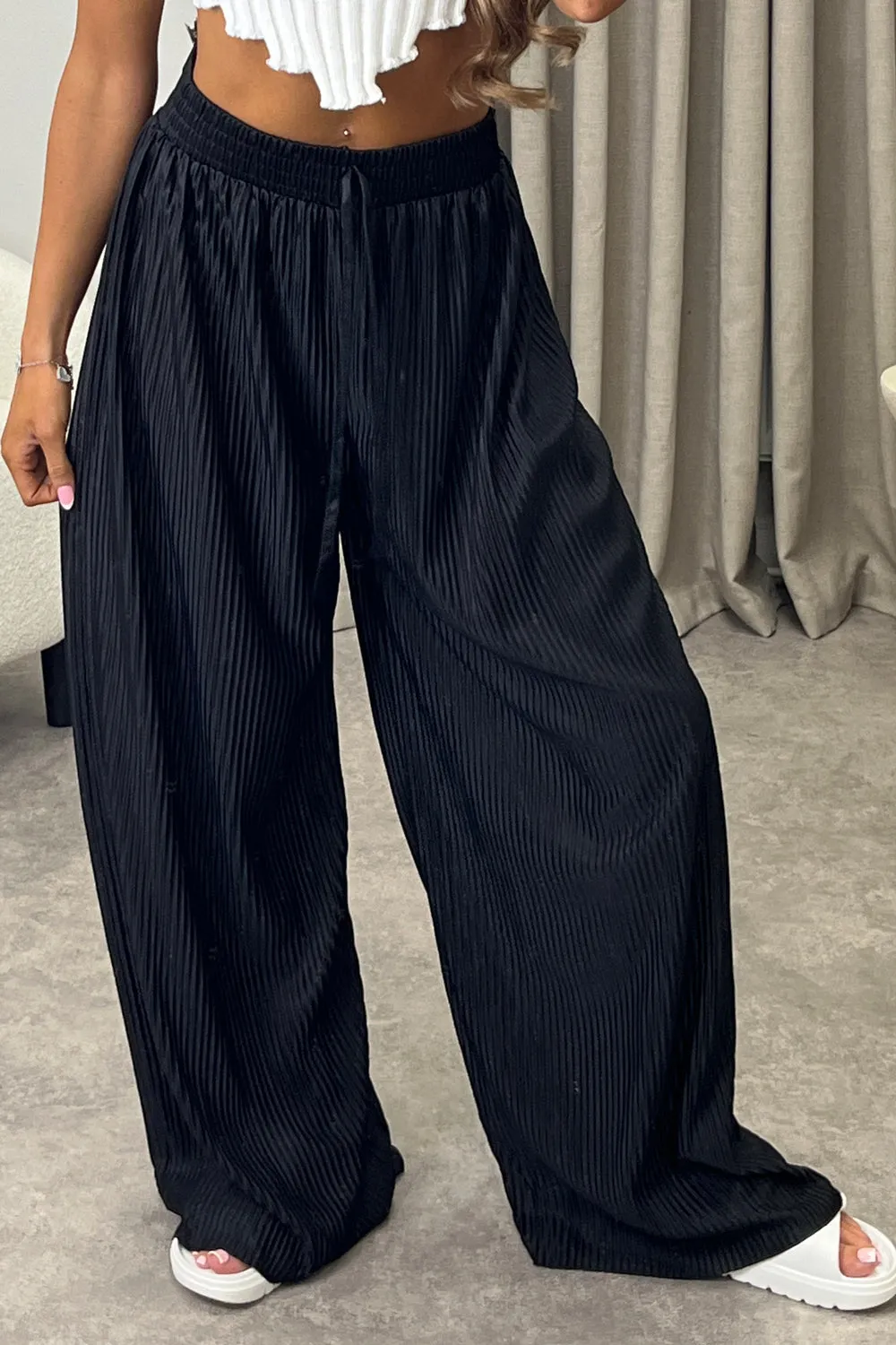 Chrissy Black Plisse High Waisted Wide Leg Satin Trousers