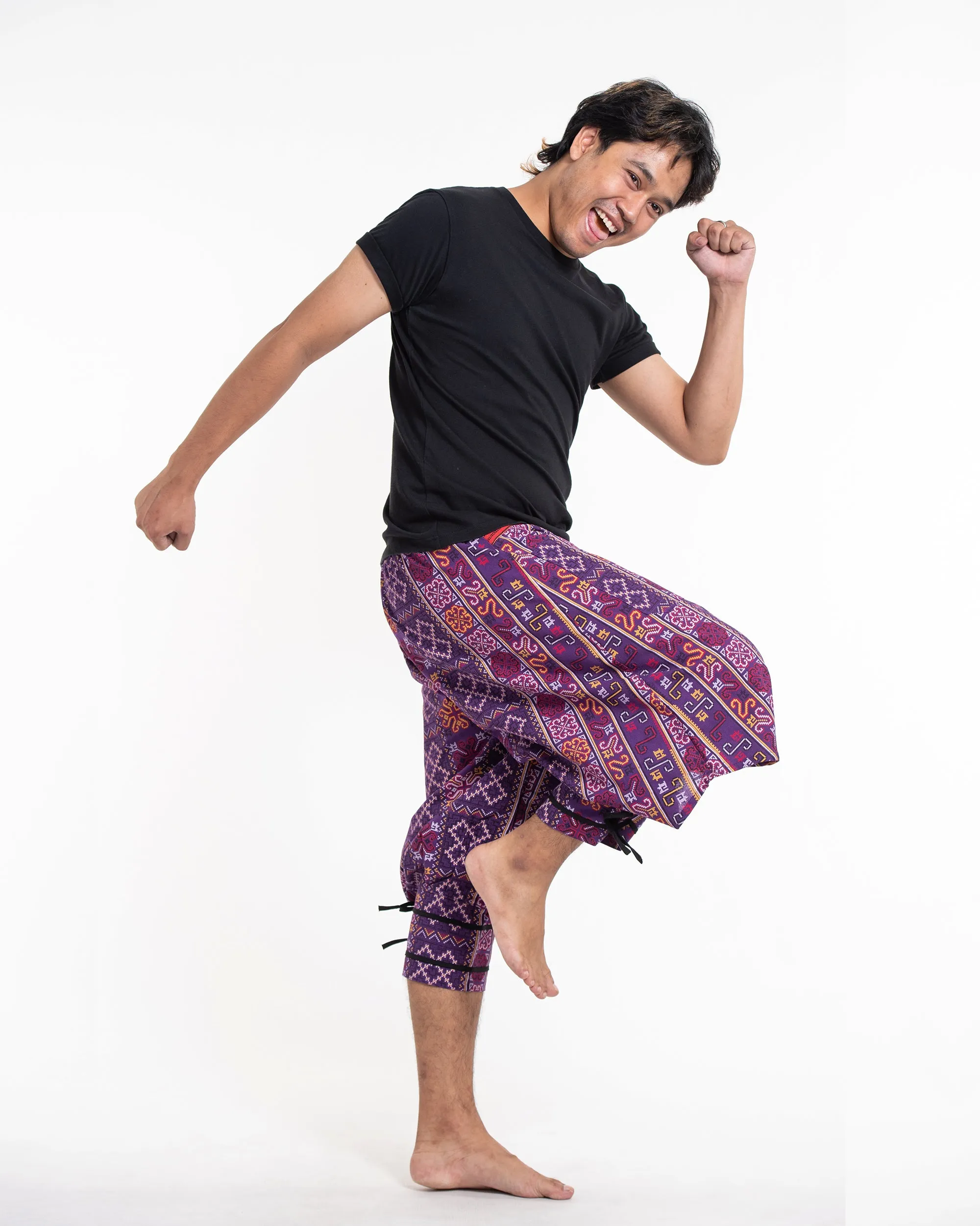 Clovers Thai Hill Tribe Fabric Men's Harem Pants with Ankle Straps in Violet