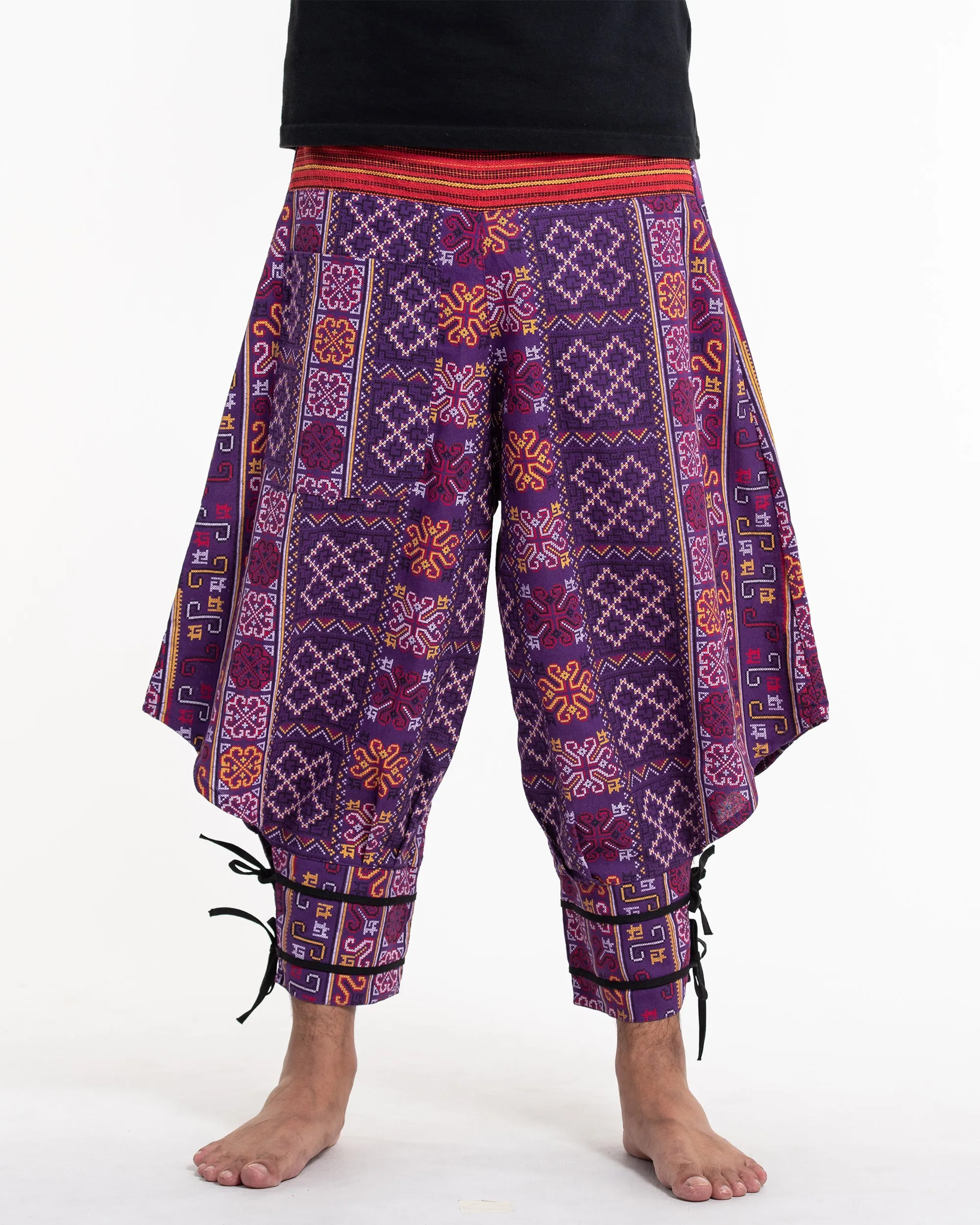 Clovers Thai Hill Tribe Fabric Men's Harem Pants with Ankle Straps in Violet