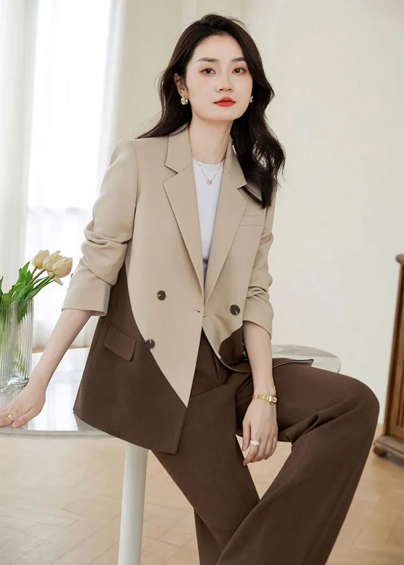 Color Match Double Breasted Blazer Wide Pants Suit Two-Piece Set