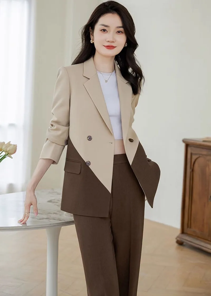 Color Match Double Breasted Blazer Wide Pants Suit Two-Piece Set