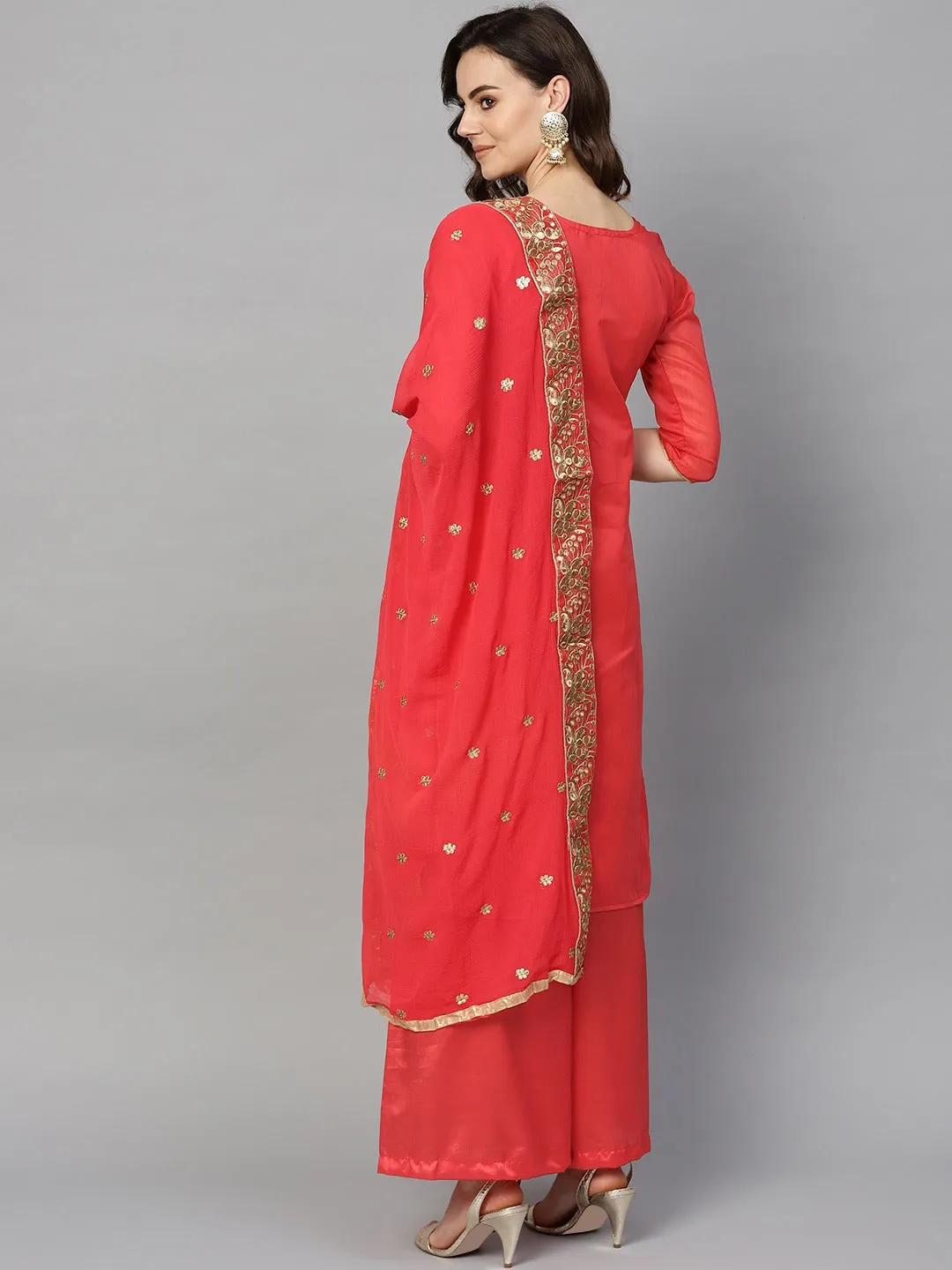 Coral Red & Golden Embellished Unstitched Dress Material