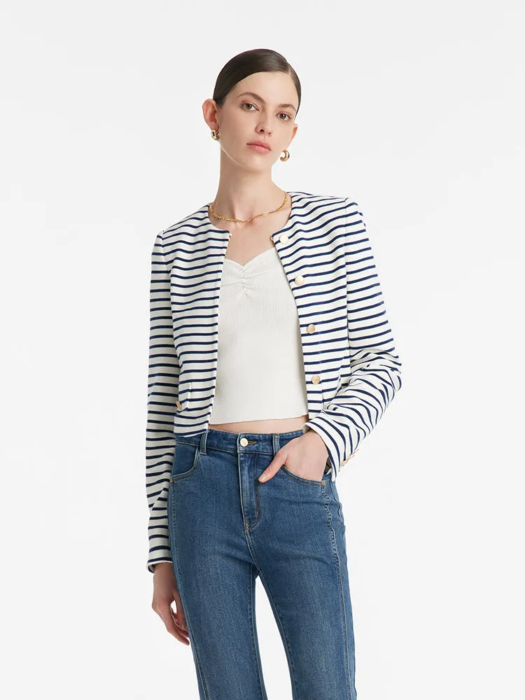 Cotton Striped Single-Breasted Women Crop Jacket