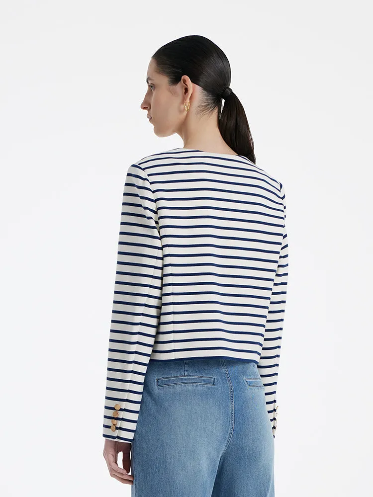 Cotton Striped Single-Breasted Women Crop Jacket