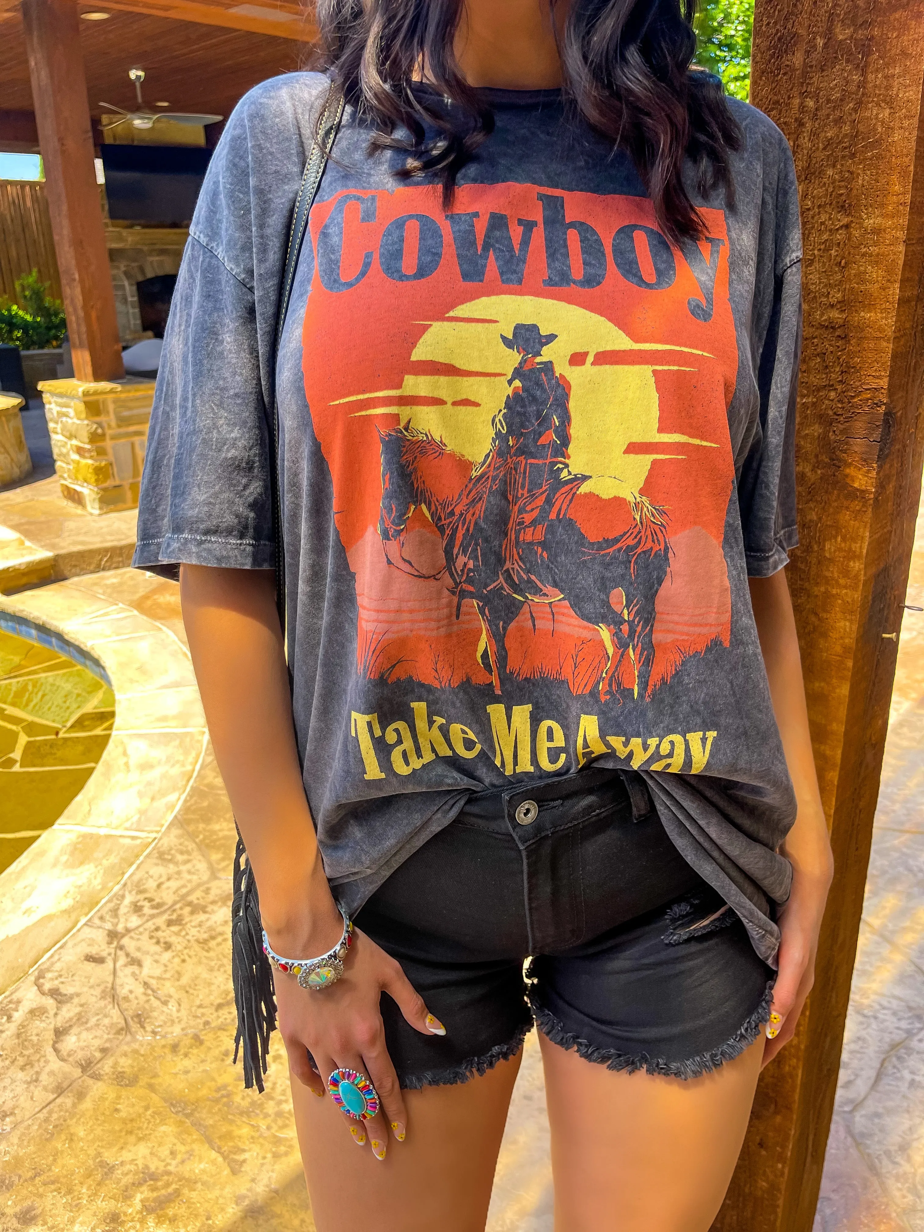 Cowboy Take Me Away Mineral Wash Graphic Tee - Vintage Black