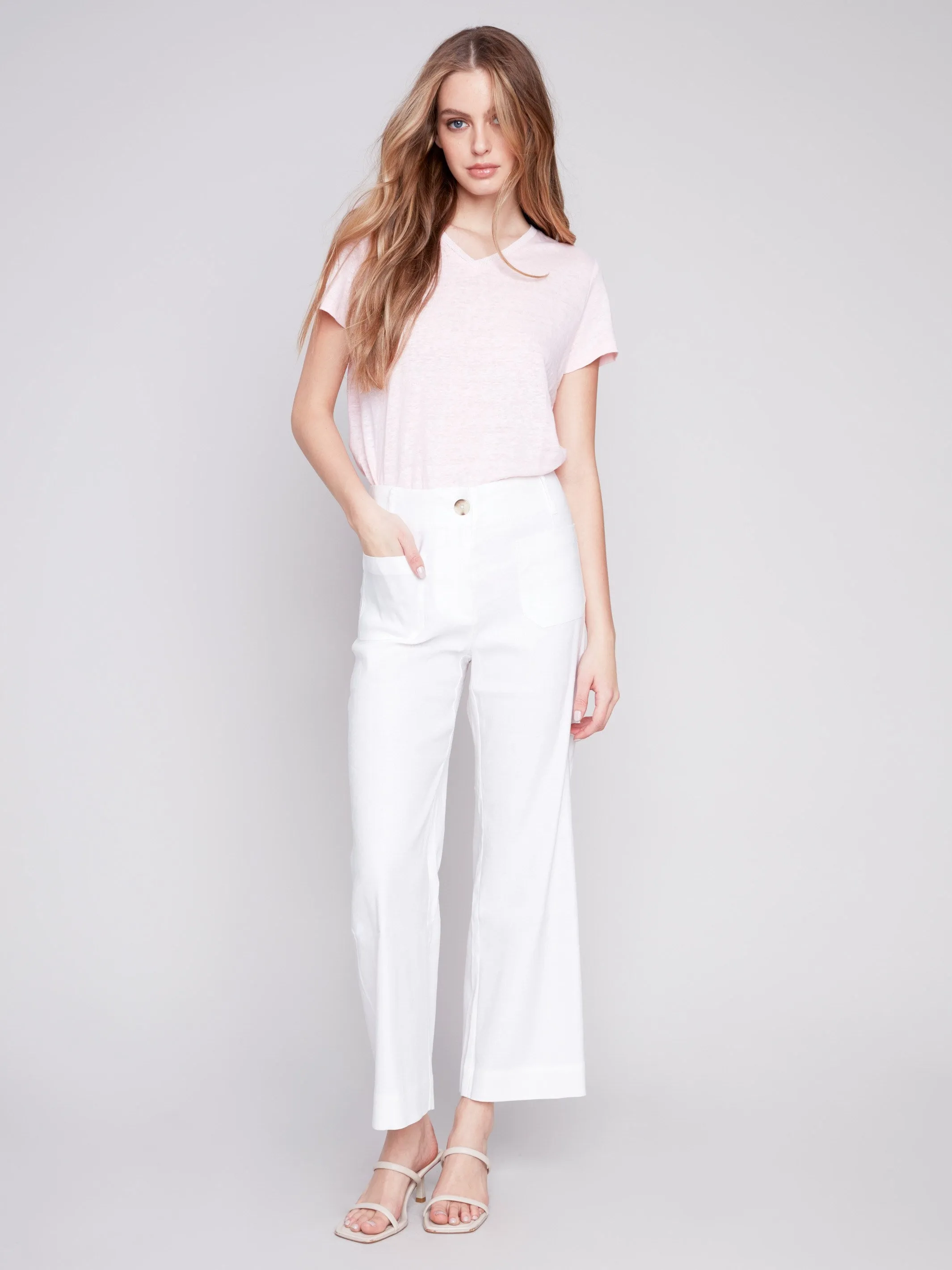 Cropped Linen Blend Pants - White