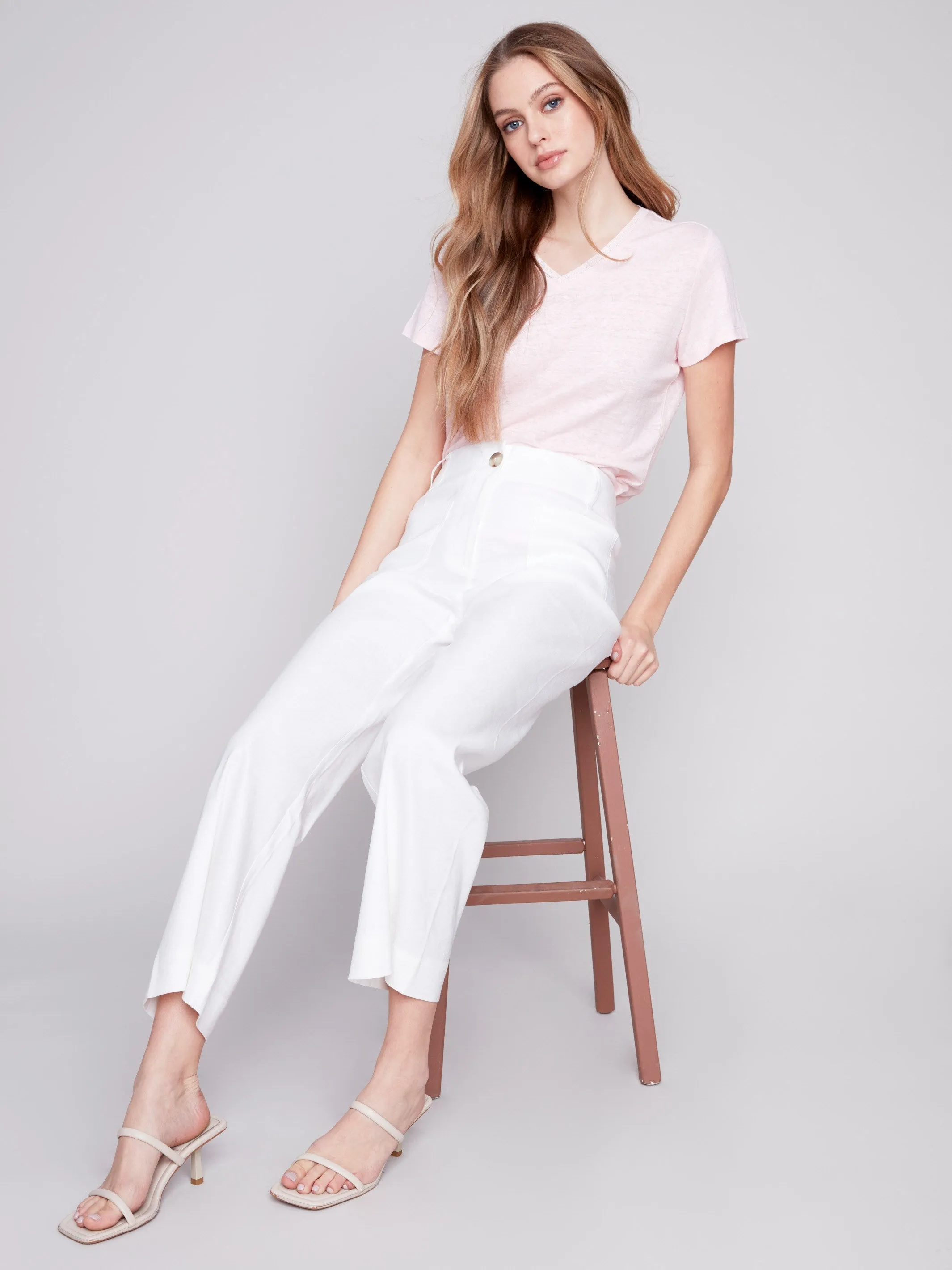 Cropped Linen Blend Pants - White