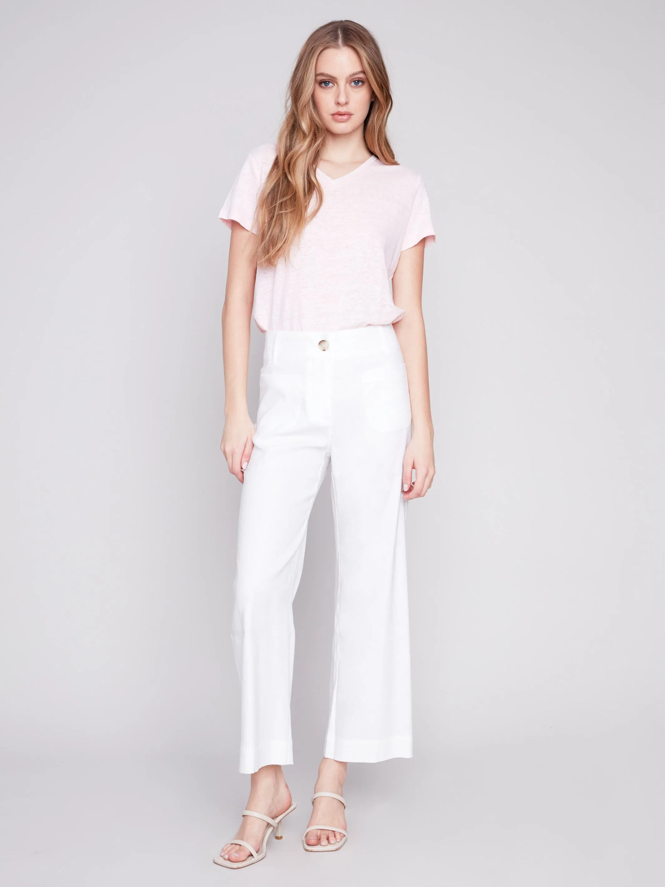 Cropped Linen Blend Pants - White