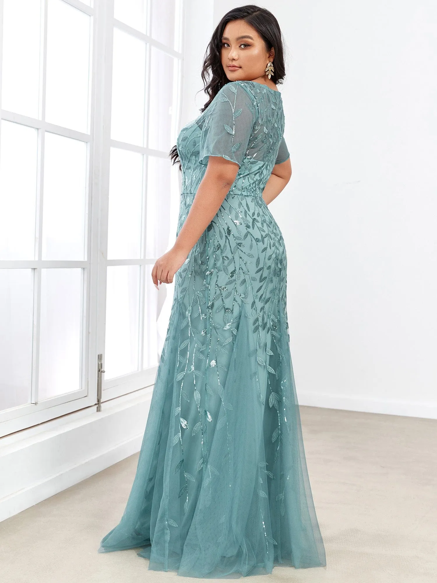 Custom Size Floral Sequin Maxi Fishtail Tulle Prom Dress