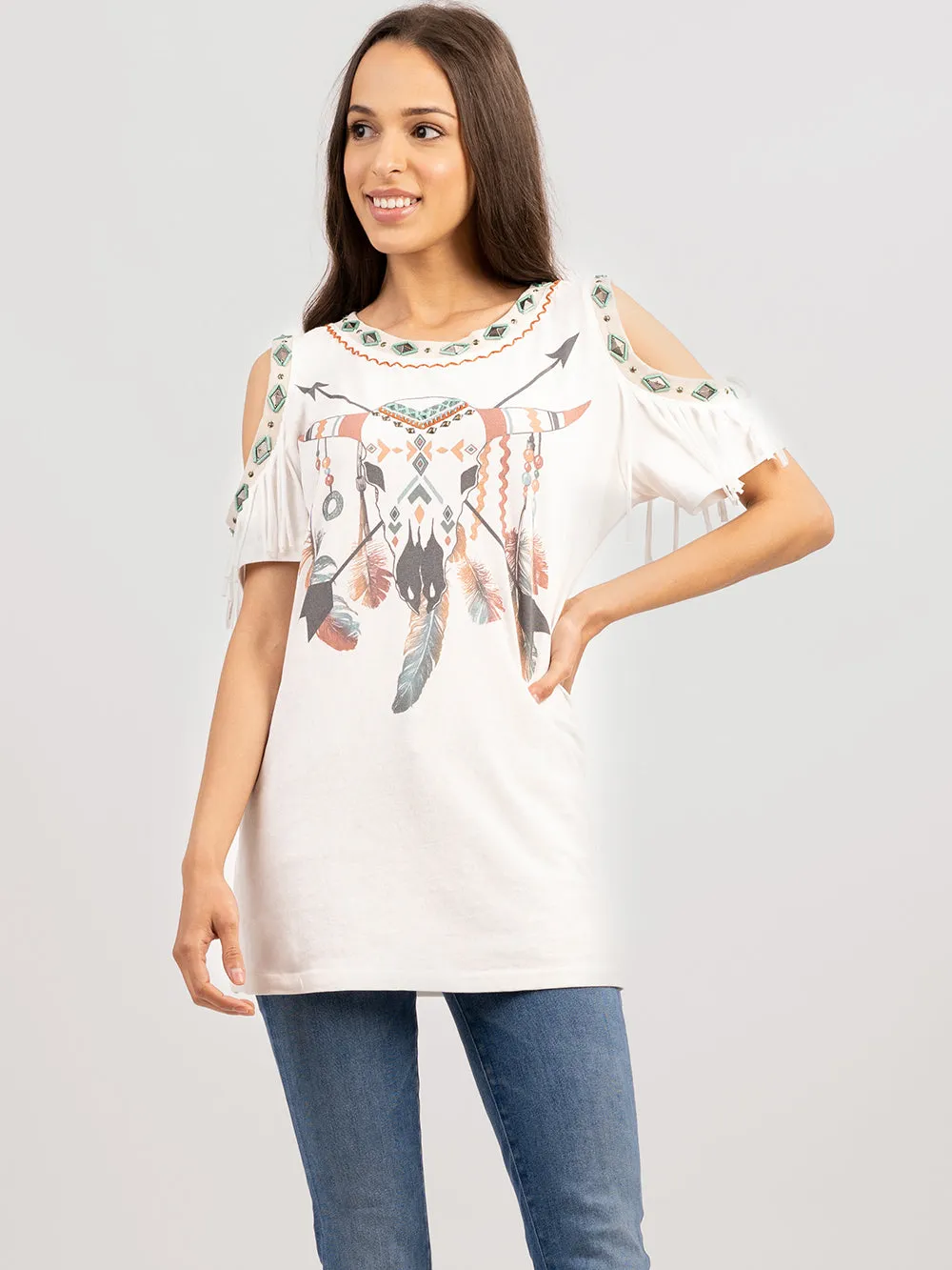 Delila Women Washed Bull Aztec Tee With Fringe