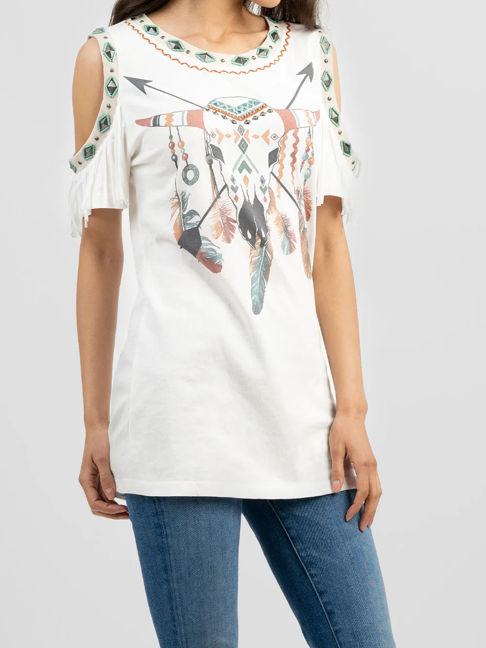 Delila Women Washed Bull Aztec Tee With Fringe