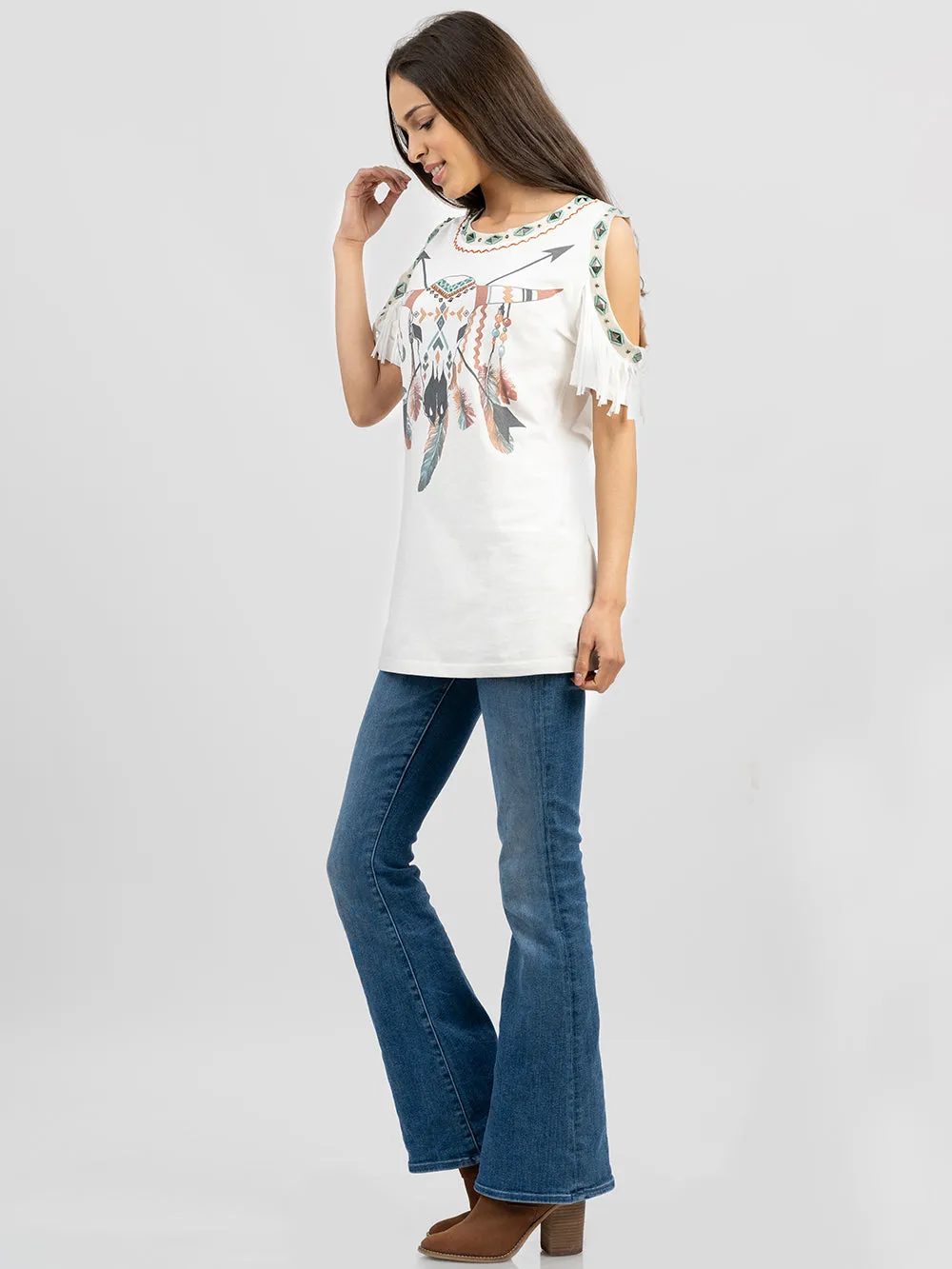 Delila Women Washed Bull Aztec Tee With Fringe