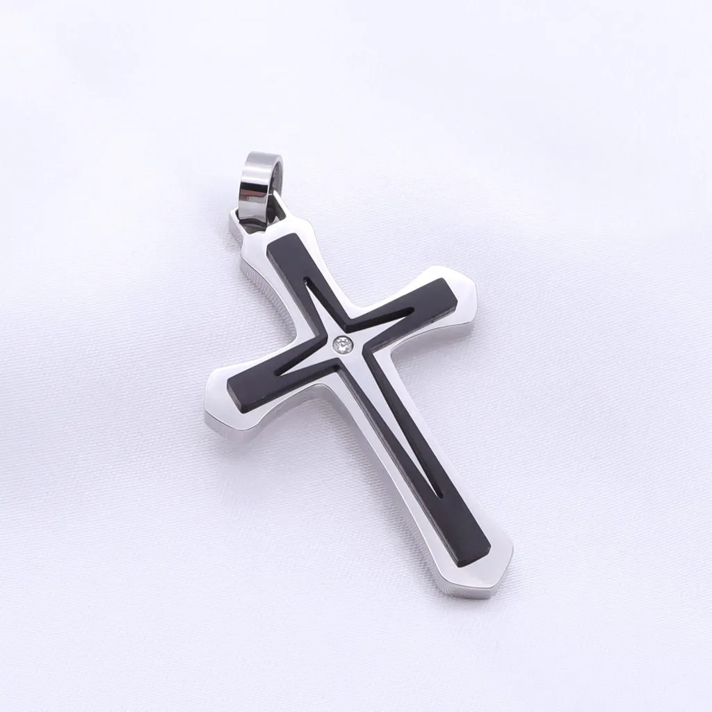 Double Layer Two-Tone Cross Pendant - Silver