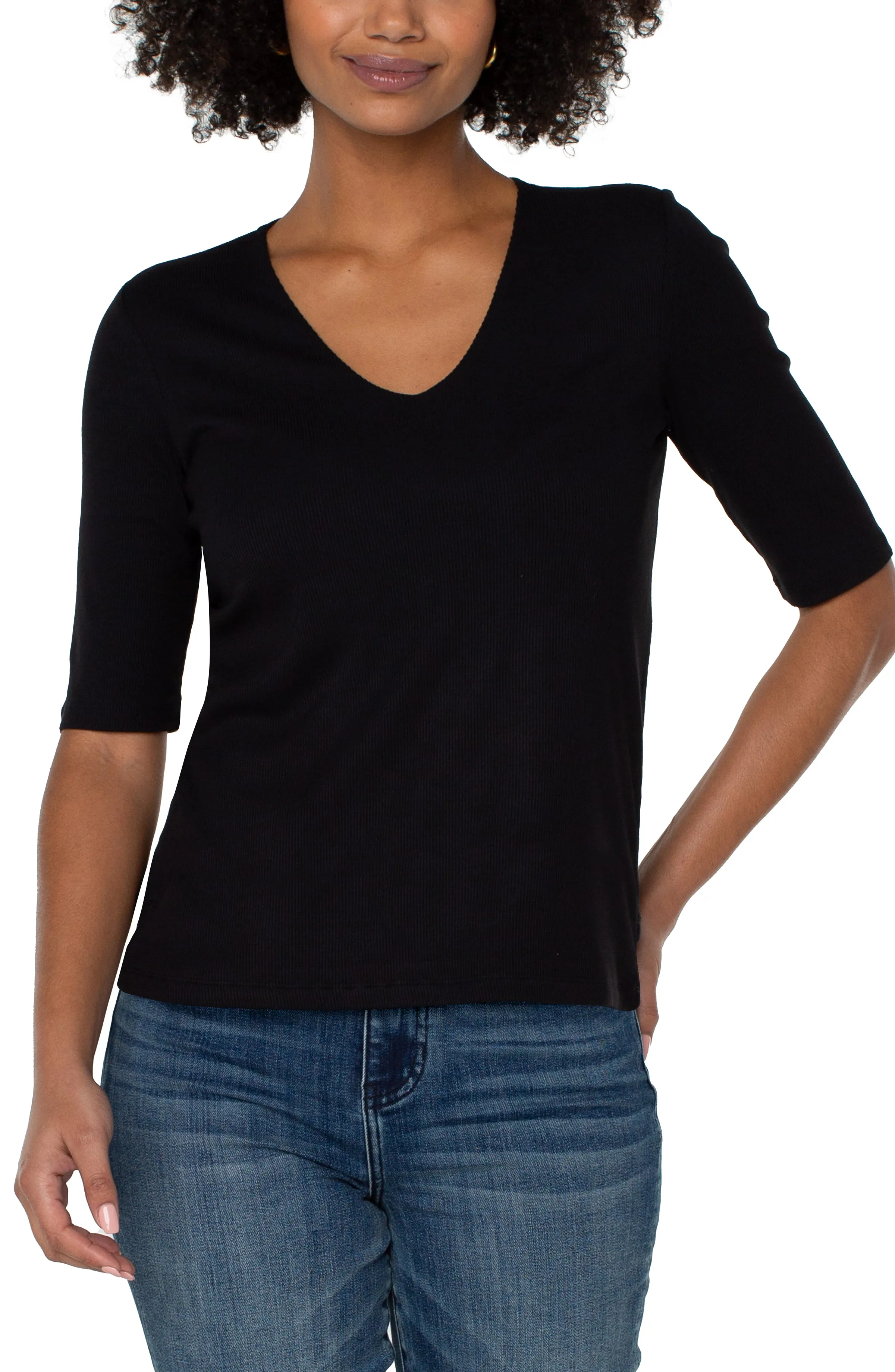 DOUBLE LAYER V-NECK RIB KNIT TOP