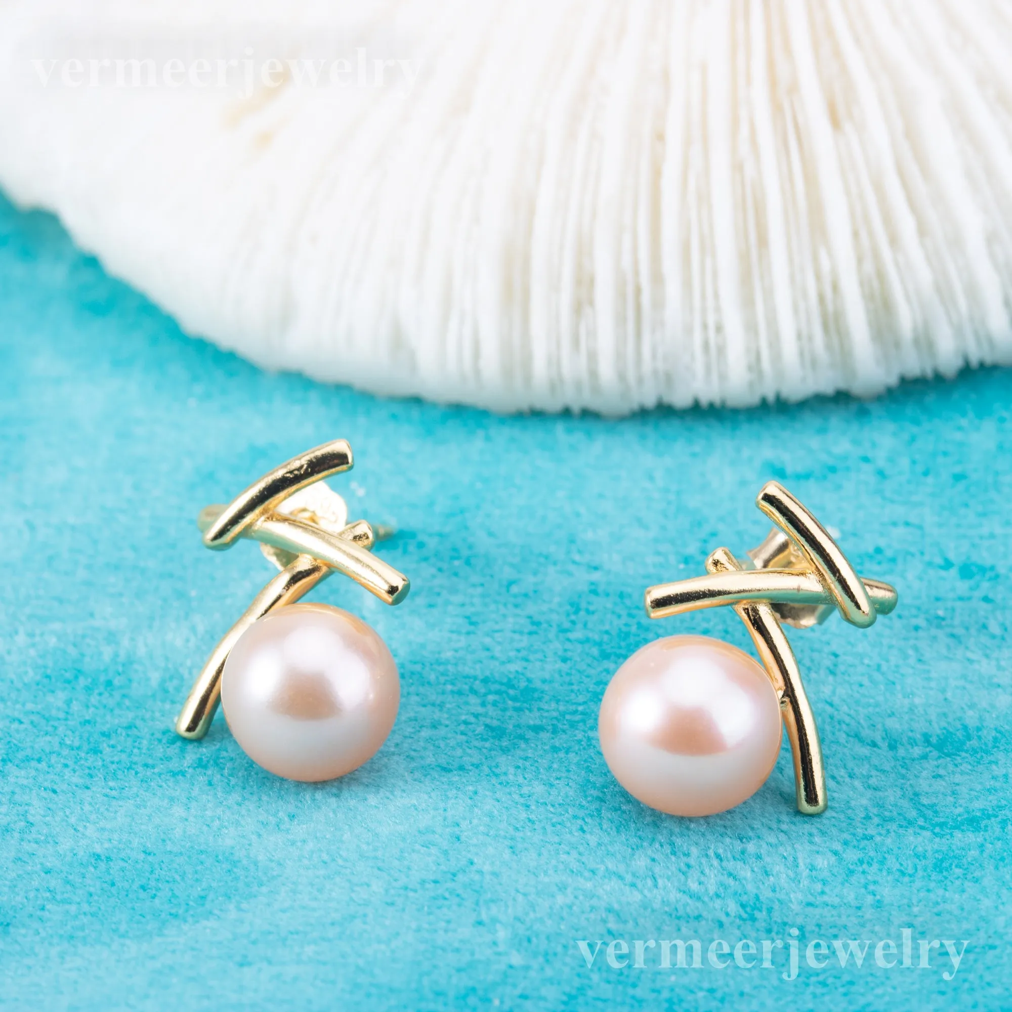 e010838 S925 pearl earring 925 sterling silver DIY 7-8mm Natural Freshwater pearl stud earring for women