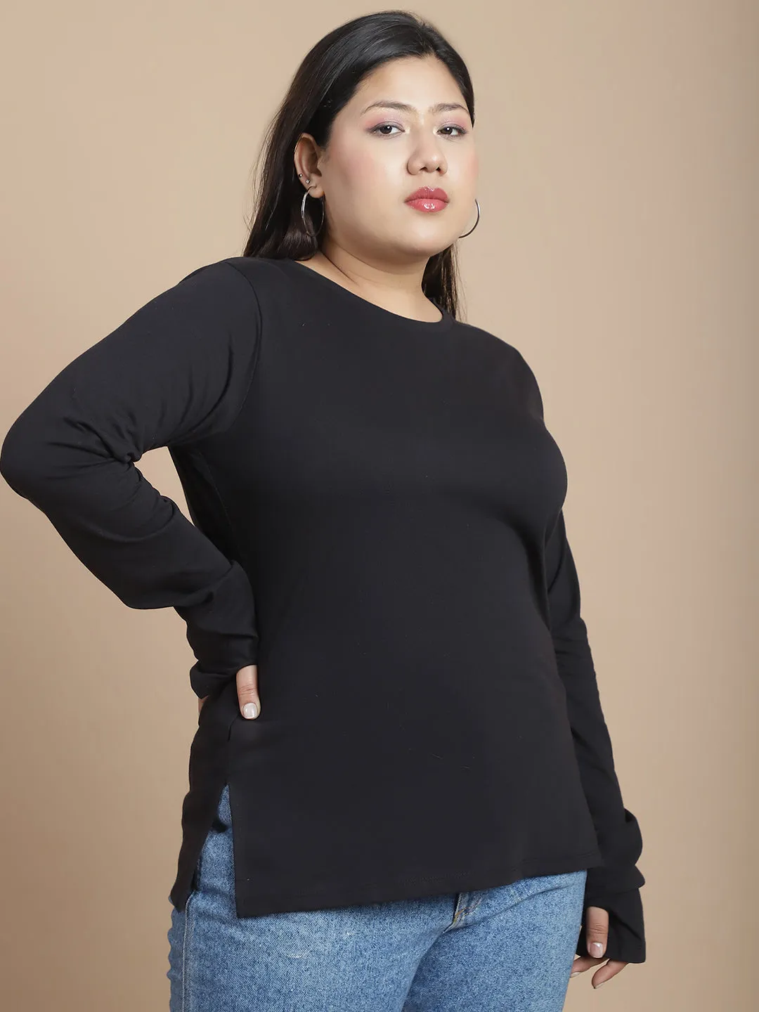 Effortless Elegance Women' Black Jersey Thumbhole Top