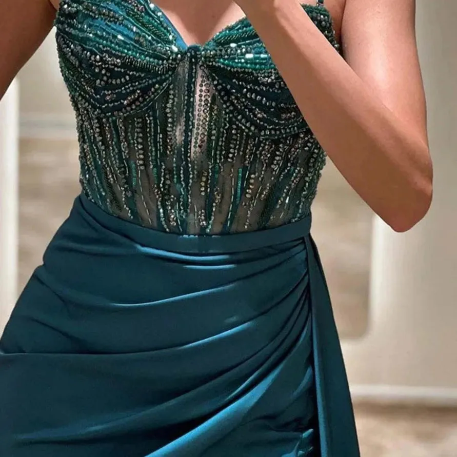 Elegant Beaded Spaghetti Straps Leg Split Formal Evening Gowns