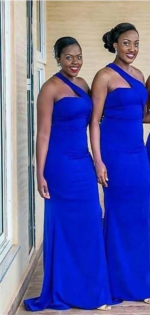 Elegant Blue Mermaid One Shoulder Side Slit Popular Cheap Maxi Long Wedding Guest Bridesmaid Dresses,WGM291