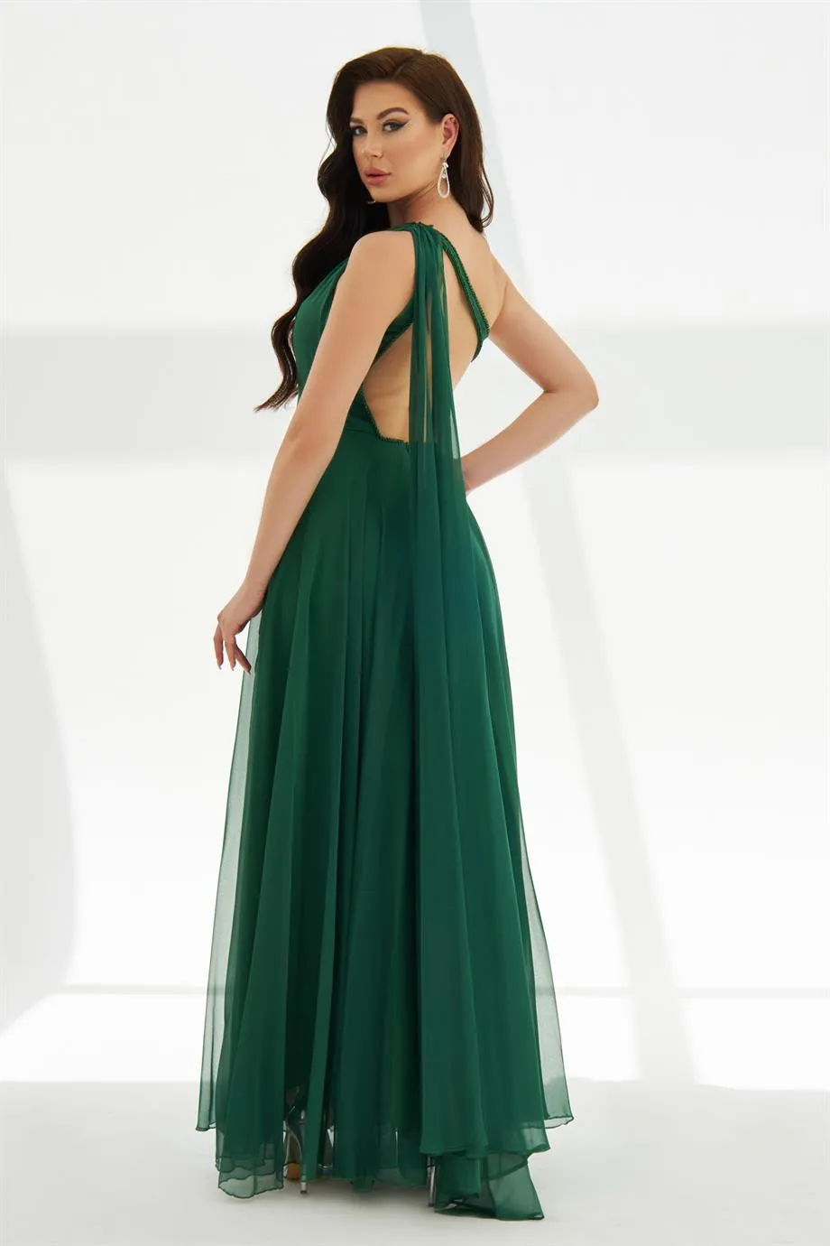 Emerald Chiffon Cloaked Backless Long Evening Dress