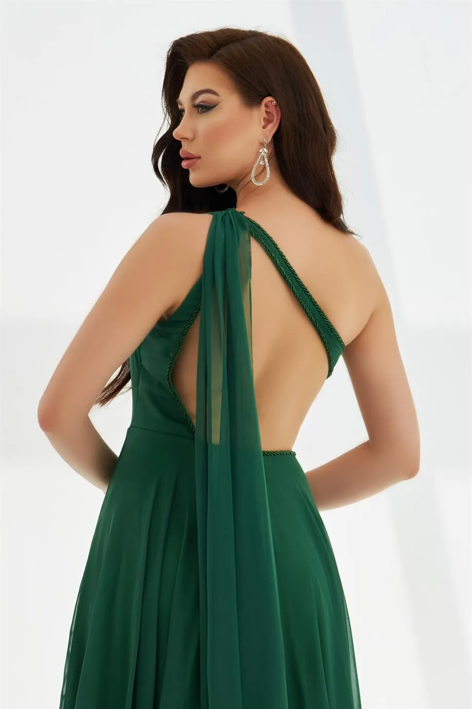 Emerald Chiffon Cloaked Backless Long Evening Dress