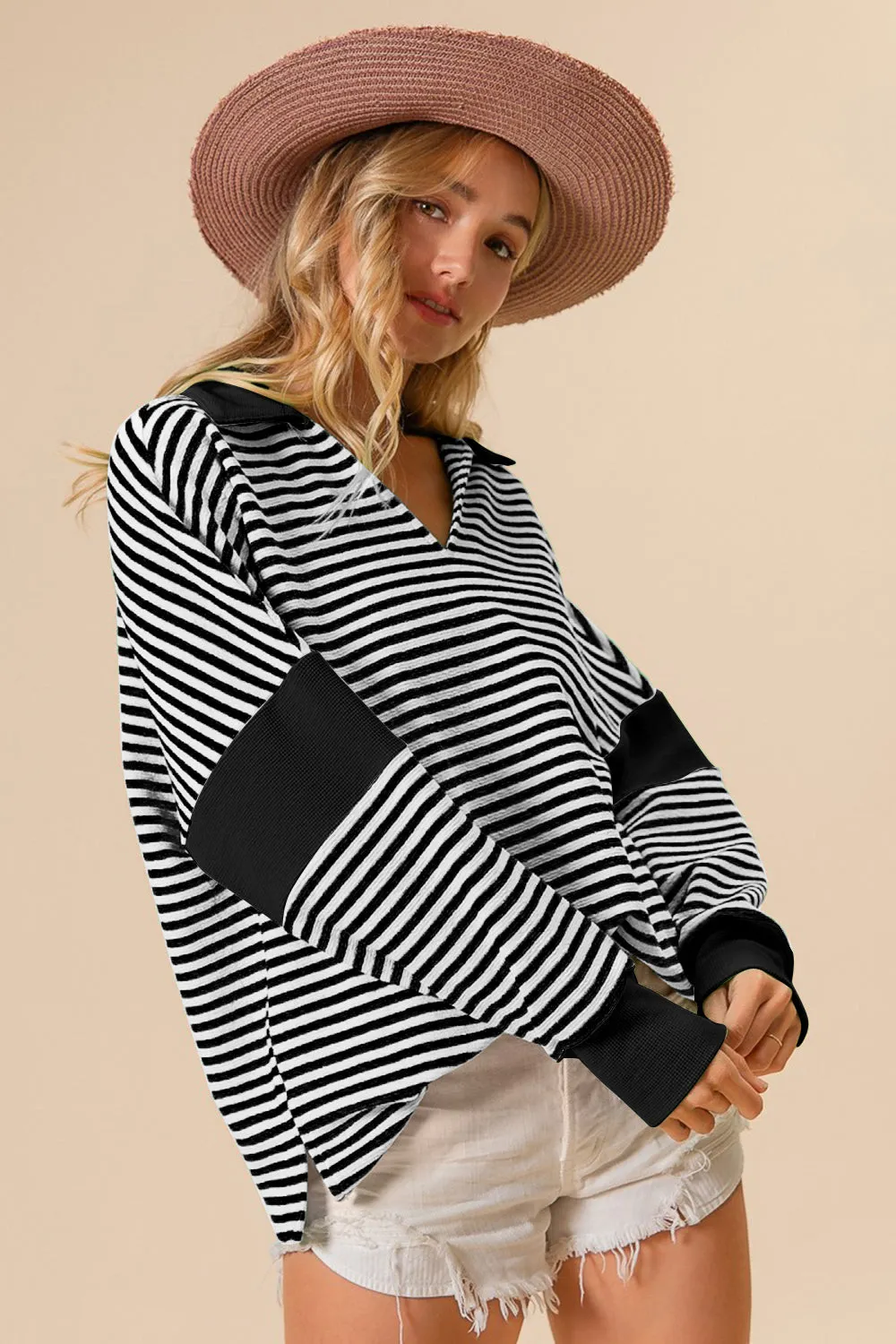 Explore More Collection - BiBi Striped Contrast Long Sleeve Knit Top