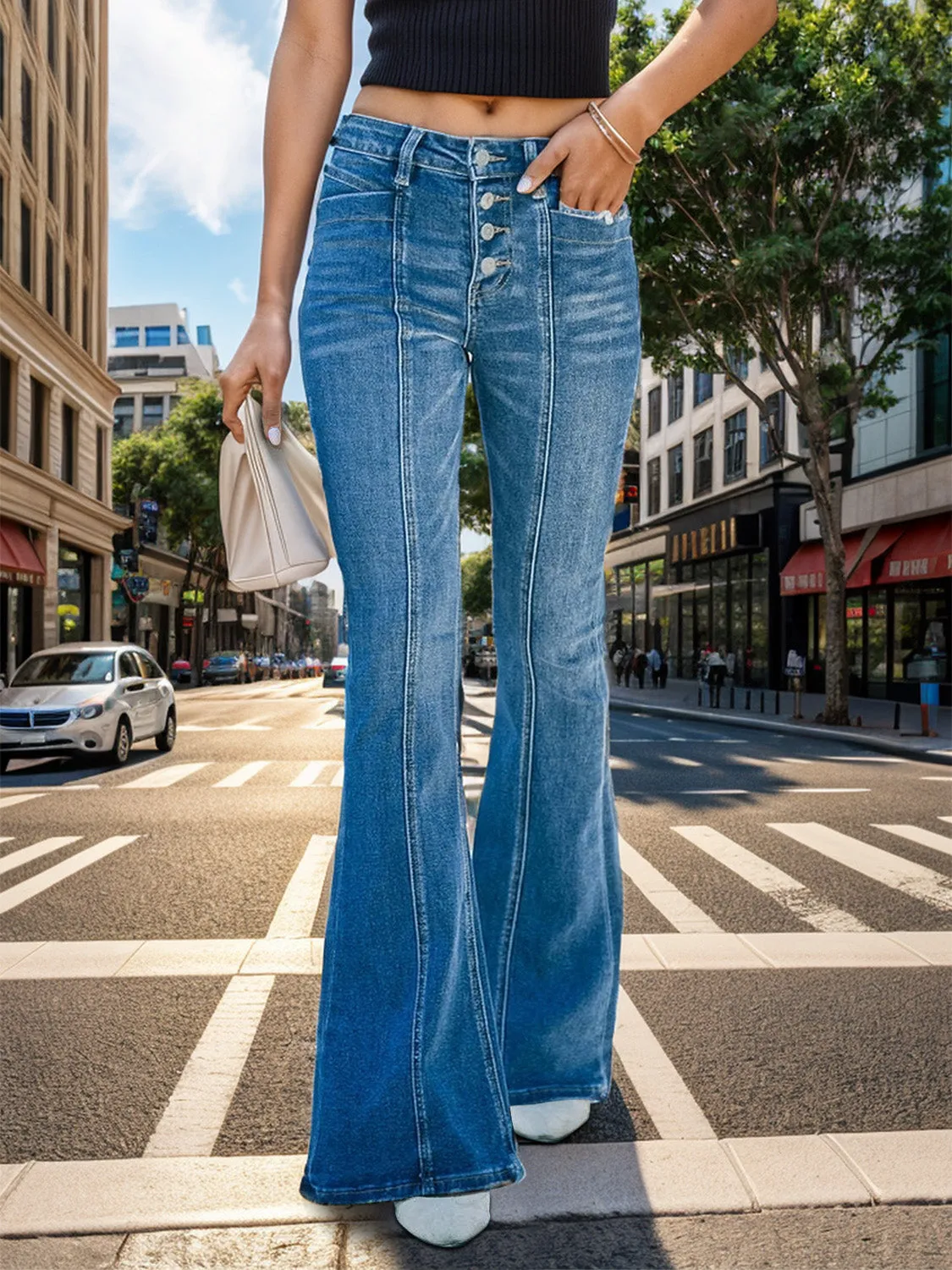 Explore More Collection - Button Fly Bootcut Jeans with Pockets