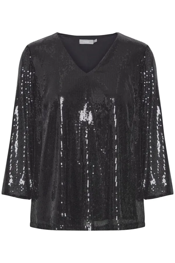 Fransa V Neck Sequin Top Black