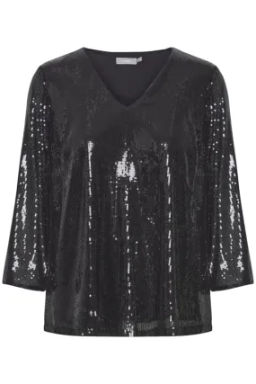 Fransa V Neck Sequin Top Black