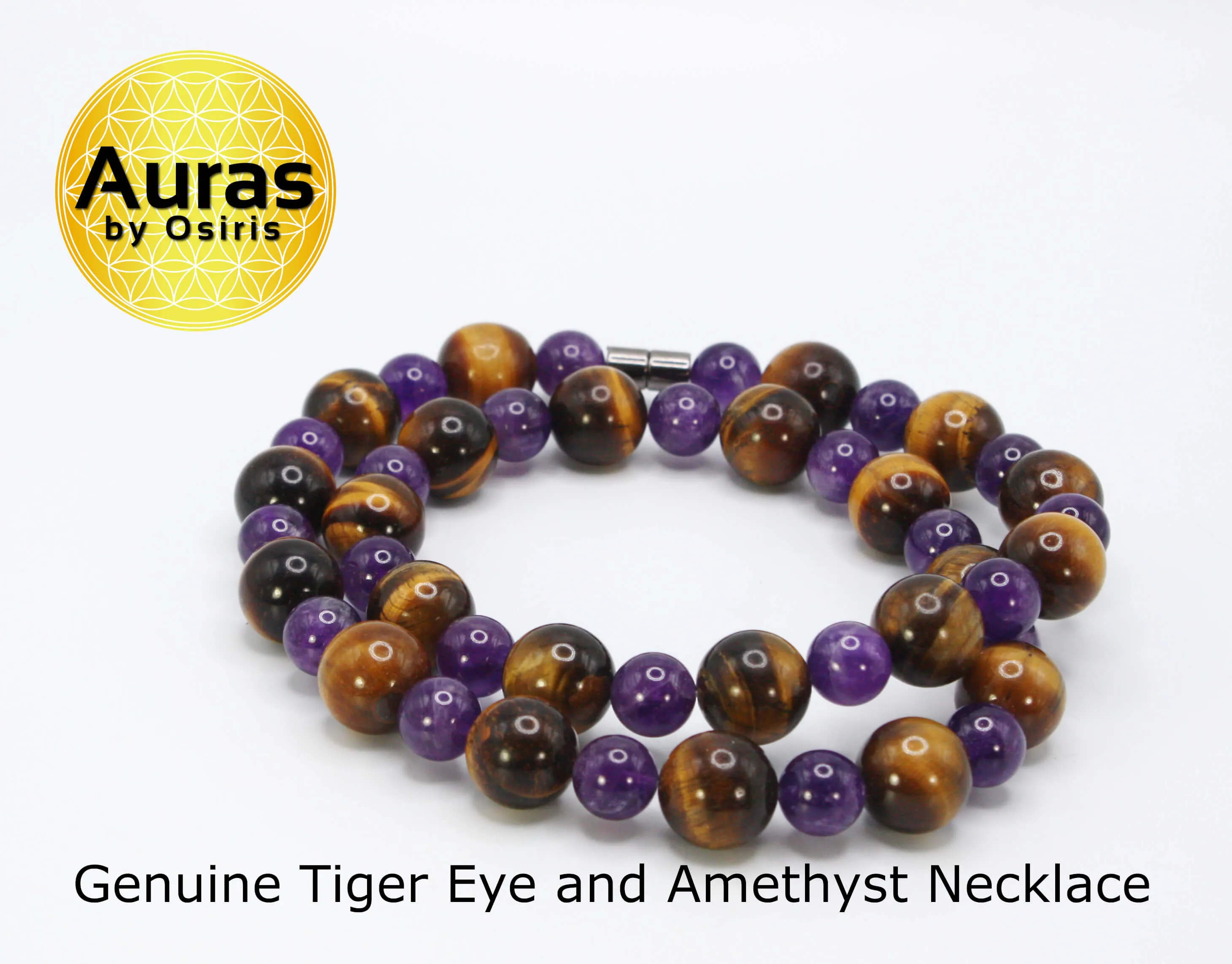 Genuine Tiger Eye and Amethyst Necklace - Gifts for Men/Women - 14mm and 10mm Beaded Necklace