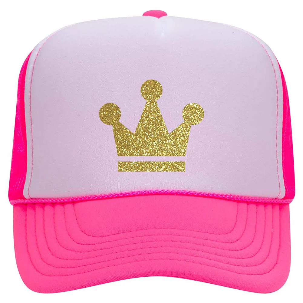 Gold Crown Glitter Printed Neon 5 Panel High Crown Foam Mesh Back Trucker Hat - for Men and Women