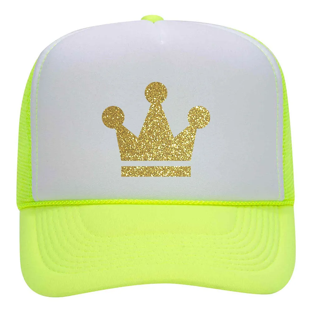 Gold Crown Glitter Printed Neon 5 Panel High Crown Foam Mesh Back Trucker Hat - for Men and Women